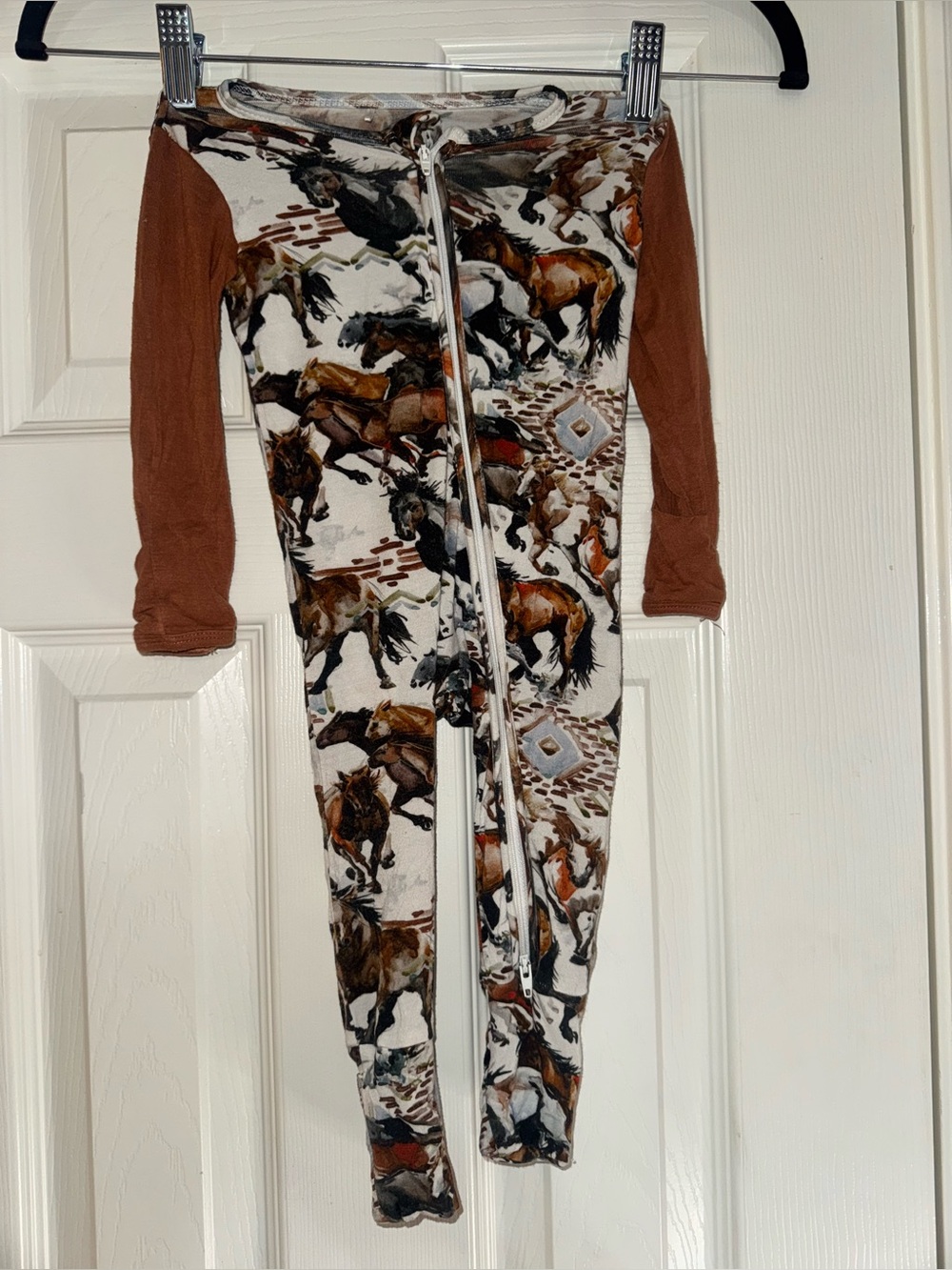 Kids Horse-Print One-Piece Pajamas in Brown